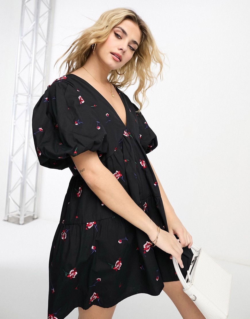 ASOS DESIGN embroidered tiered smock playsuit in black