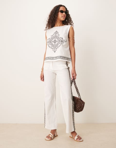 ASOS DESIGN embroidered top and trousers co-ord in mono - view 1