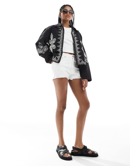 ASOS DESIGN embroidered top collar jacket in black