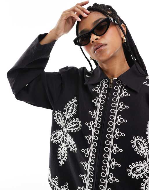 ジャケット・アウター Ethnic Embroided Design No Collar Jacket Amazon.com: TaoZiPeach Black Ethnic Style Embroidery Chinese