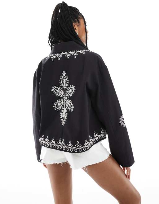 ASOS DESIGN embroidered top collar jacket in black