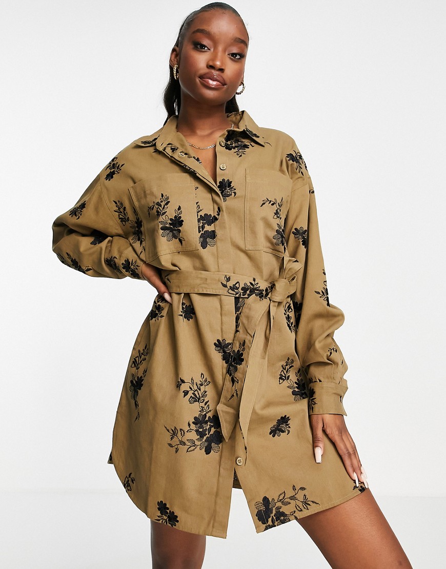 ASOS DESIGN embroidered twill mini shirt dress with tie waist in khaki-Green