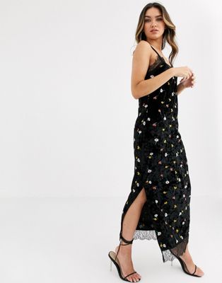 asos design embroidered midi dress with lace trims