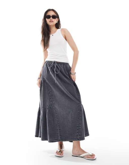 ASOS DESIGN embroidered volume midi skirt in washed grey