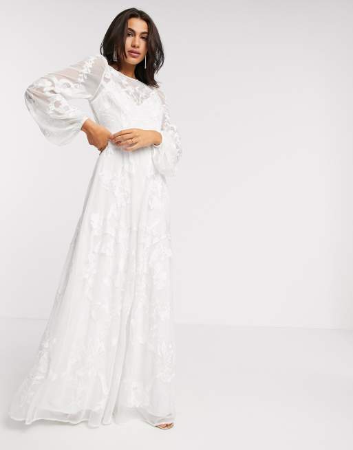 ASOS DESIGN embroidered wedding dress blouson sleeve - WHITE, 4 of 4