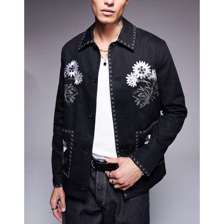 ASOS DESIGN embroidered worker jacket in black