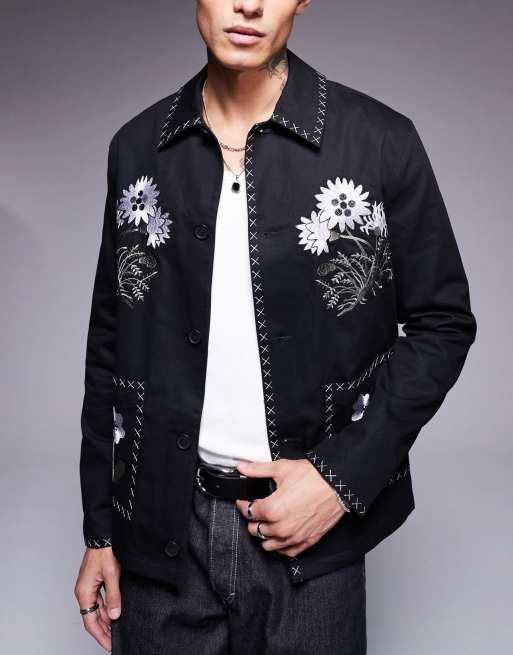 ASOS DESIGN embroidered worker jacket in black