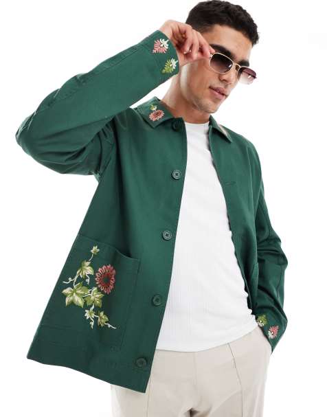 ASOS DESIGN embroidered worker jacket in green - view 1