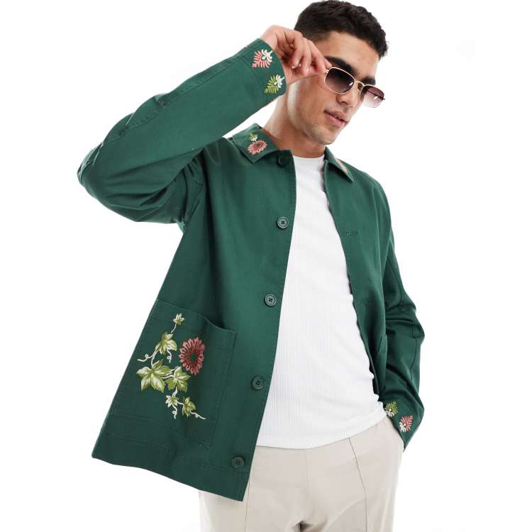 ASOS DESIGN embroidered worker jacket in green | ASOS
