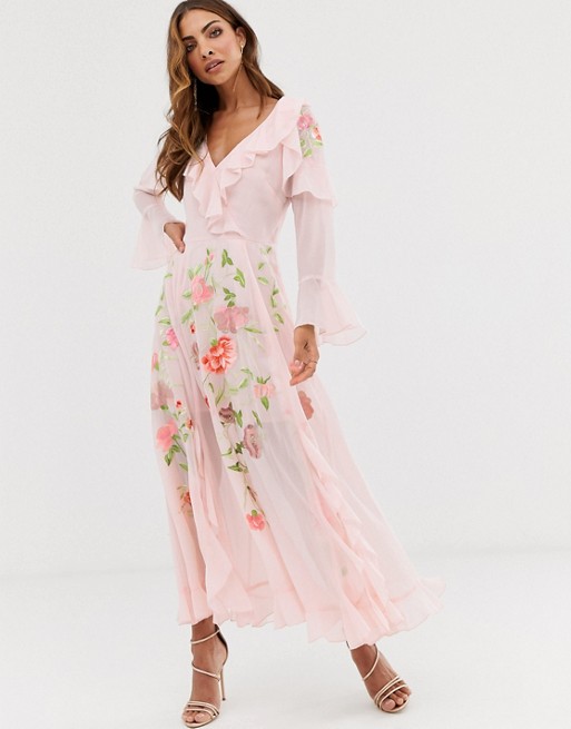 ASOS DESIGN embroidered wrap maxi dress with long sleeves