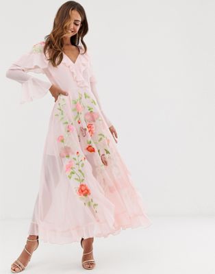 asos design long sleeve pretty embroidered maxi dress
