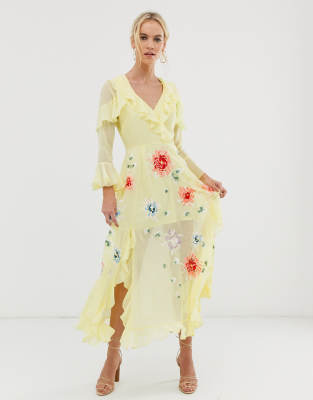 asos design embroidered wrap maxi dress