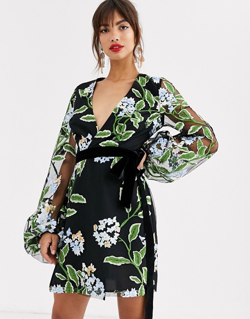 ASOS DESIGN embroidered wrap mini dress with blouson sleeve and tie waist