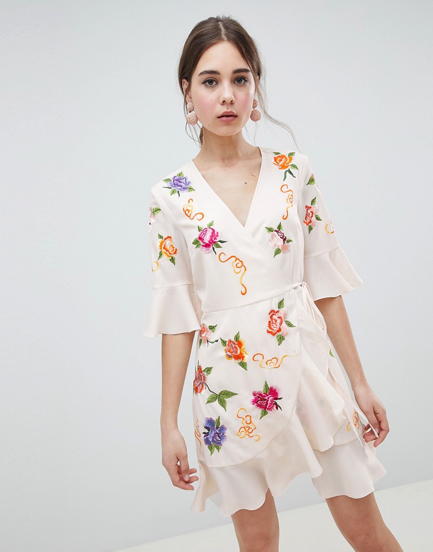ASOS DESIGN Embroidered Wrap Mini Dress-White