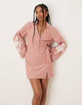 embroidered wrap shirt mini dress with wide cuff in stripe-Multi