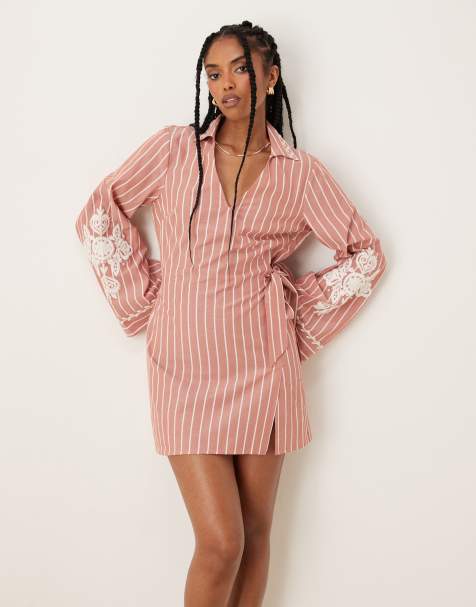 ASOS DESIGN embroidered wrap shirt mini dress with wide cuff in stripe - view 1