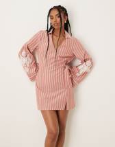 ASOS DESIGN denim long sleeve mini dress with extreme collar in mid wash blue