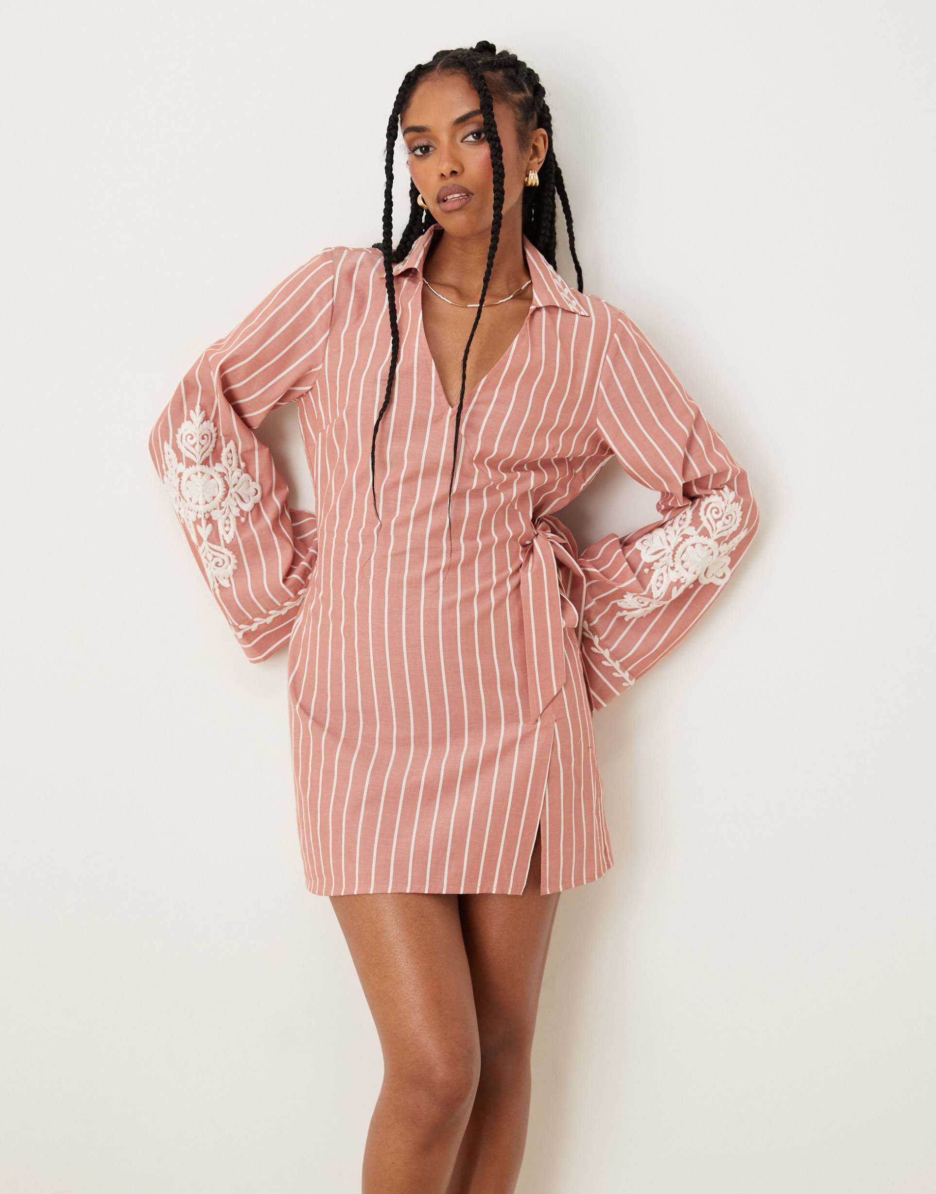 asos design embroidered wrap shirt mini dress with wide cuff in stripe