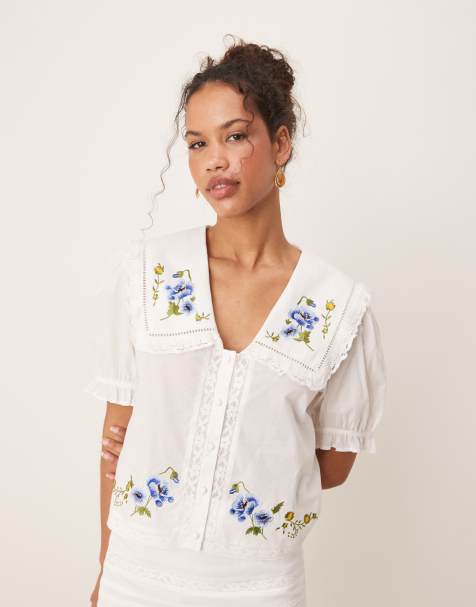 ASOS DESIGN embroidery collar detail short sleeve co-ord shirt in white - view 1