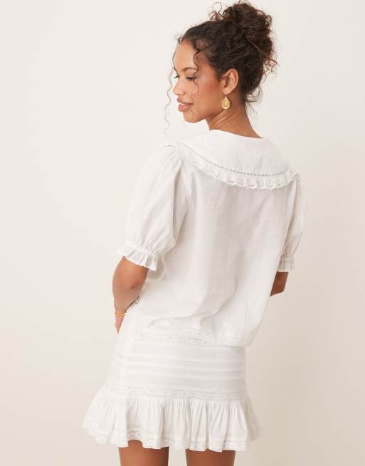 ASOS DESIGN embroidery collar detail short sleeve co-ord shirt in white, 2 of 4