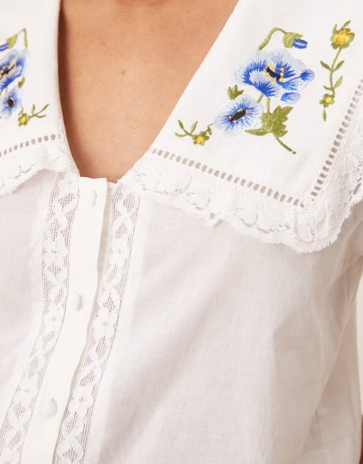 ASOS DESIGN embroidery collar detail short sleeve co-ord shirt in white, 4 of 4