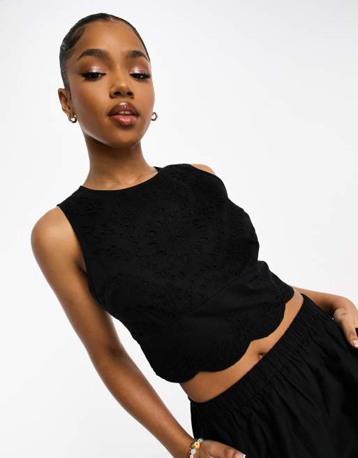 ASOS DESIGN embroidery top in black (part of a set)