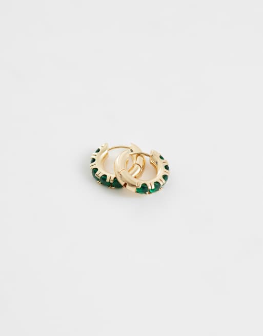 ASOS DESIGN emerald cubic zirconia edge hoop earrings in gold, 2 of 3