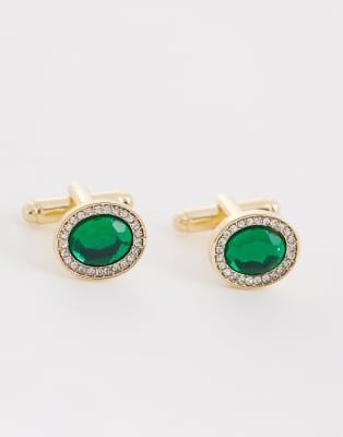 ASOS DESIGN emerald stone cufflinks in gold