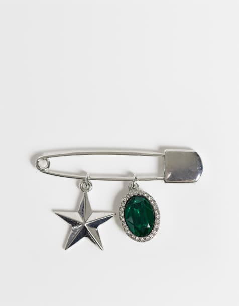 ASOS DESIGN emerald stone safety pin brooch in silver - view 1