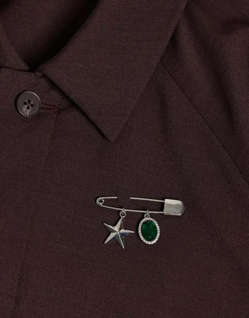 ASOS DESIGN emerald stone safety pin brooch in silver, 2 of 3