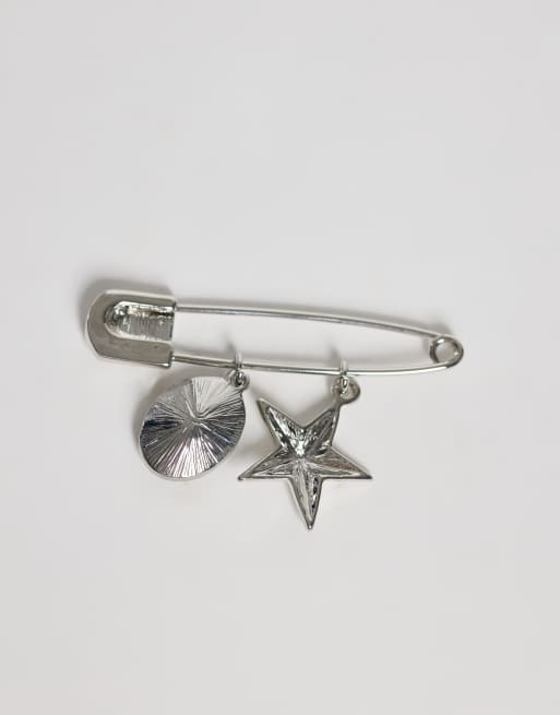 ASOS DESIGN emerald stone safety pin brooch in silver, 3 of 3