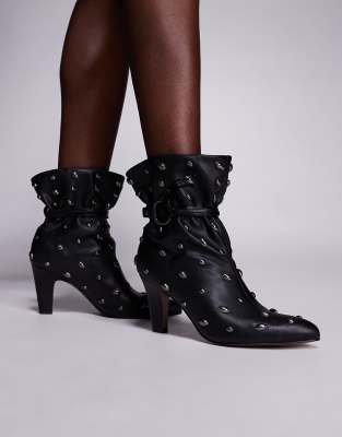 ASOS DESIGN - Emil - Mit Nieten besetzte Ankle-Boots in Schwarz mit Detail im Paperbag-Stil und Absatz