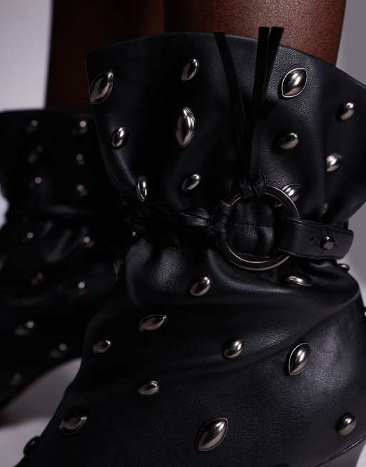 ASOS DESIGN Emil studded paperbag heeled ankle boots in black, 4 of 4