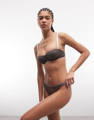ASOS DESIGN - Emilia - Brasilianischer Slip aus transparentem Netzstoff in Grau mit Kontrastbesatz