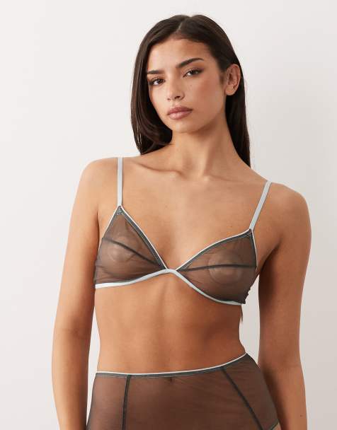ASOS DESIGN Emilia mesh triangle bra with contrast trim in gray - view 1