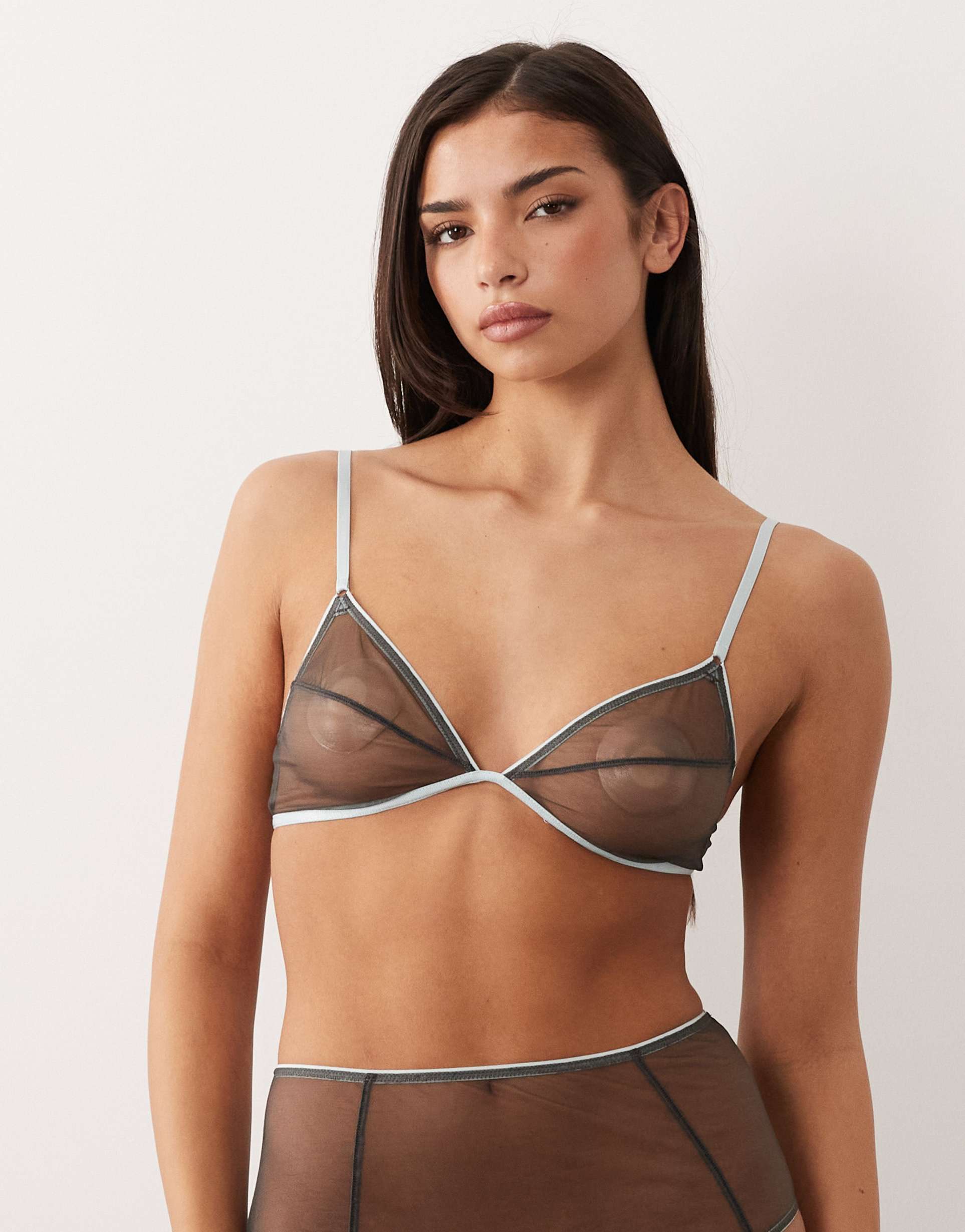 asos design emilia mesh triangle bra with contrast trim in gray