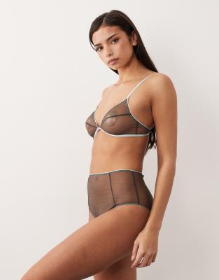 ASOS DESIGN - Emilia - Slip aus transparentem Netzstoff in Grau mit hohem Bund und farblich abgesetztem Besatz