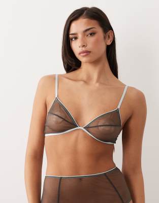ASOS DESIGN - Emilia - Triangel-BH aus transparentem Netzstoff in Grau mit Kontrastbesatz