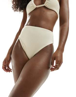 Asos Design Emily Ribbed High Leg High Waist Bikini Bottom In Ecru-white