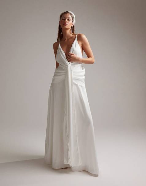 ASOS DESIGN Emily satin plunge drape cami wedding dress in ivory - view 1