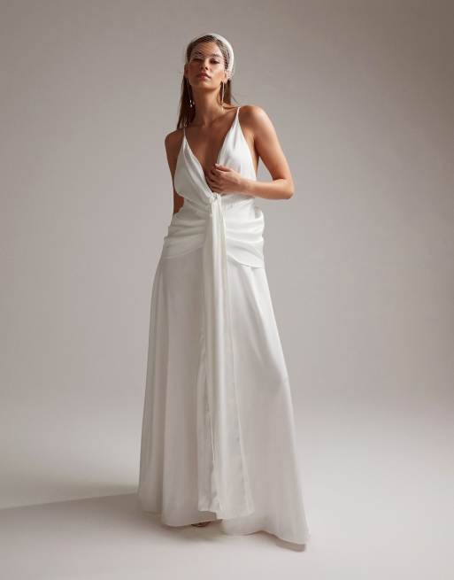 ASOS DESIGN Emily satin plunge drape cami wedding dress in ivory