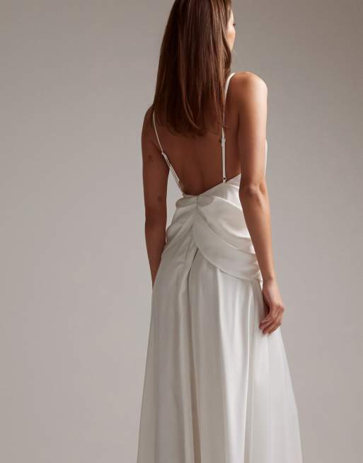 ASOS DESIGN Emily satin plunge drape cami wedding dress in ivory, 4 of 6