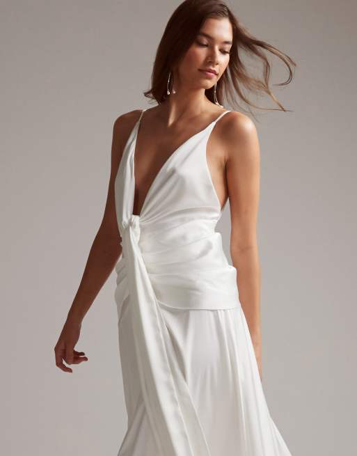 ASOS DESIGN Emily satin plunge drape cami wedding dress in ivory