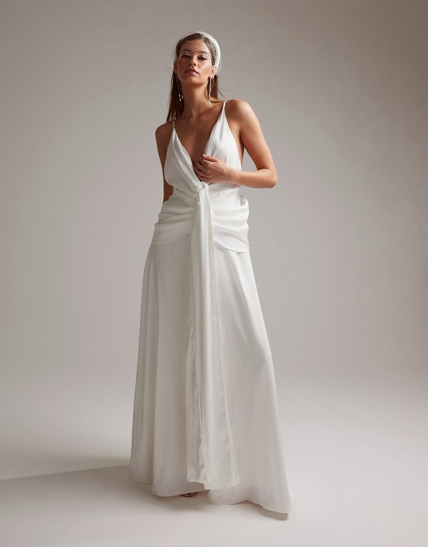 ASOS DESIGN Emily satin plunge drape cami wedding dress in-White