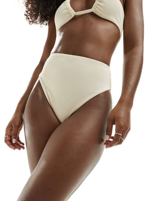 ASOS DESIGN – Emily – Wysoko wycięty prążkowany dół od bikini z podwyższonym stanem w kolorze ecru
