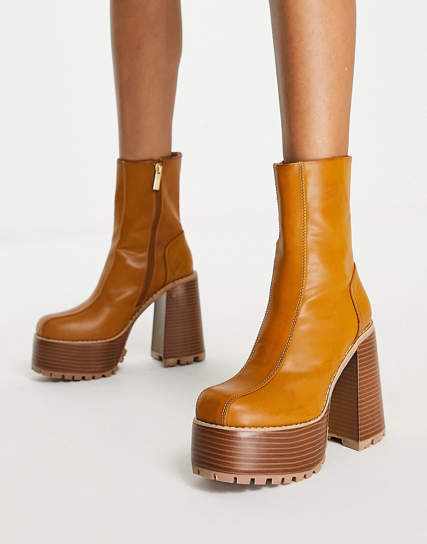 ASOS DESIGN Emotive high-heeled platform ankle boots in tan-Brown