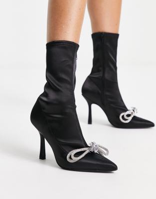 Asos Design Empress Heeled Bow Embellished Sock Boots In Black