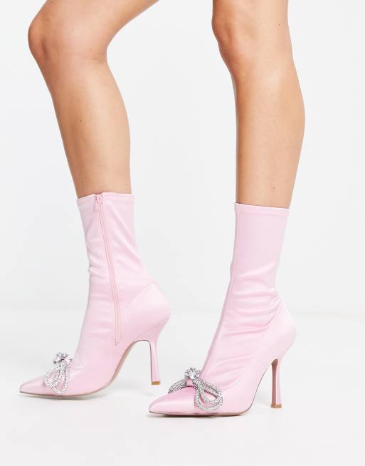 ASOS DESIGN - Empress - Sock boots met hak en versierde strik in roze