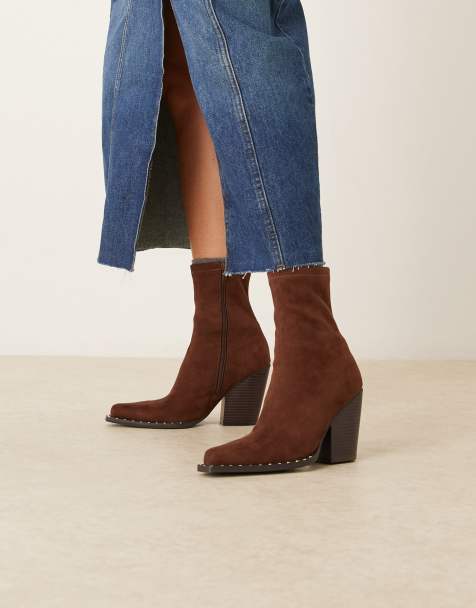 ASOS DESIGN Emrys western sock ankle boots in chocolate suedette - view 1