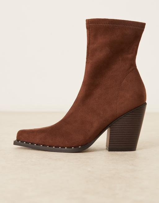 ASOS DESIGN Emrys western sock ankle boots in chocolate suedette, 2 of 4